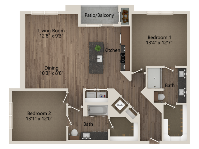 B2A 2 Bedroom 2 Bathroom 1236 sq ft - B2A
