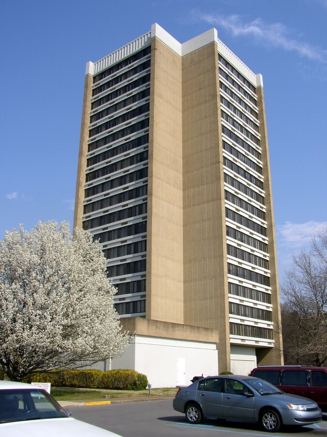 Looking north from the adjacent parking lot - River View Tower Apartments