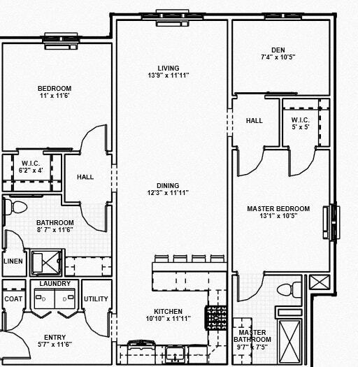 Floor Plan - 2 - 2 Bed, 2 Bath, 1 Den, ADA Ready