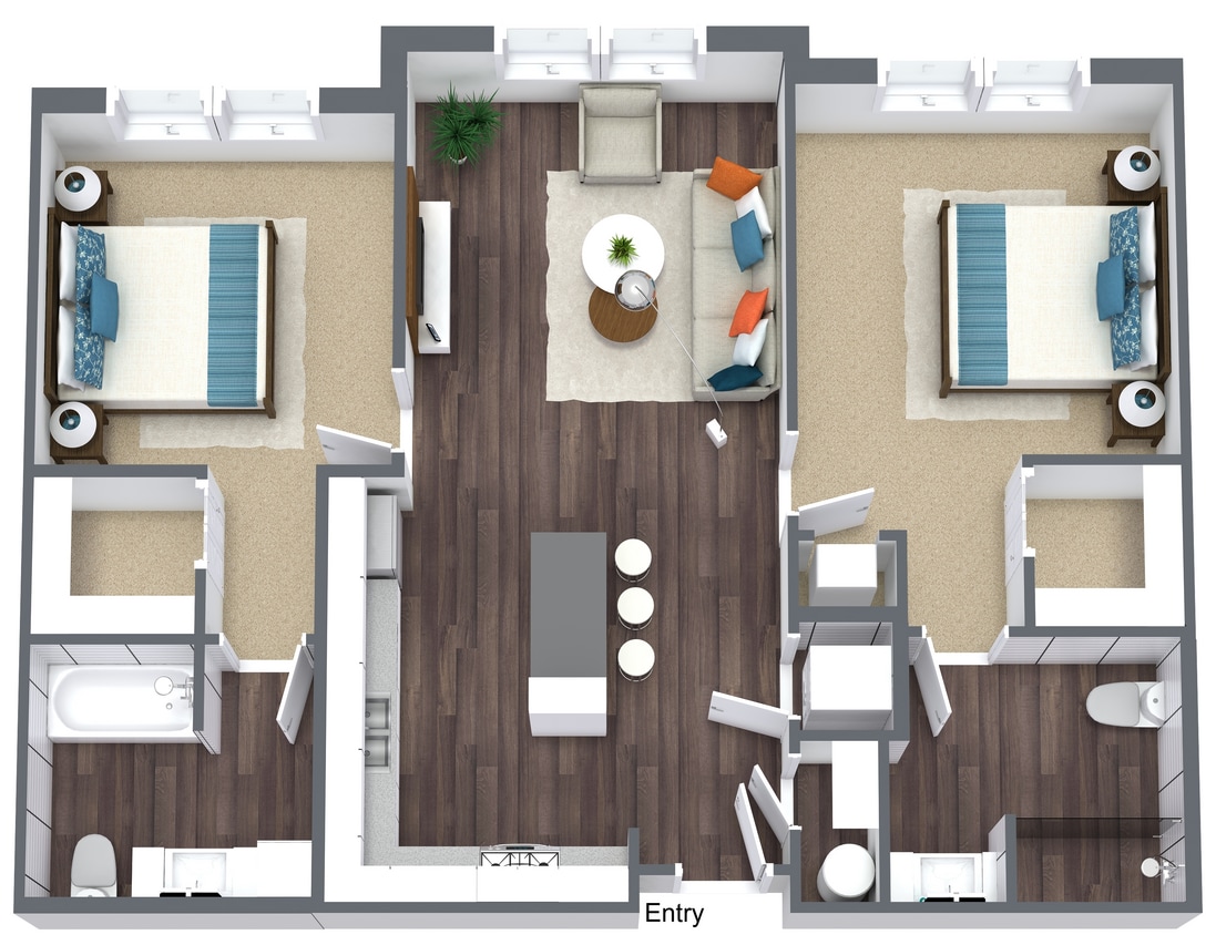 Hawthorne - B1 Unit - Level 1 - 3D Floor Plan.png - Two Bedroom - Two Bath