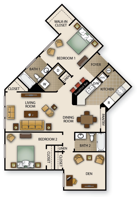 Floor Plan - Two Bedroom w/ Den Two Bath (b)