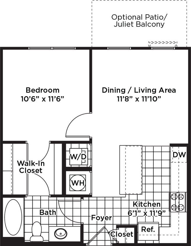 Floor Plan - 1 Bedroom 1 Bath - A1 Affordable 80%