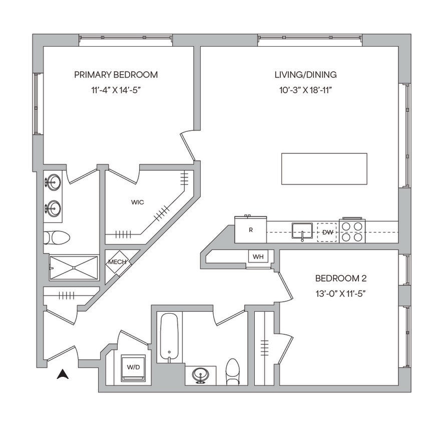Floor Plan - B16 - 2BR 2BA (1157 SF)
