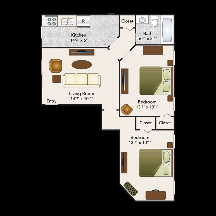 B - 2 Bdrm, breakfast bar- All utilities included
