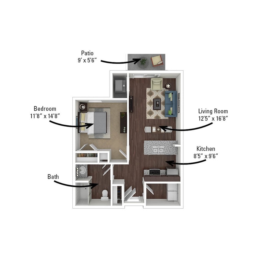 Floor Plan - 1 Bedroom, 1 Bath 712 sq. ft.