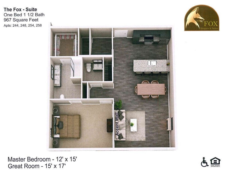 Floor Plan - Fox - 1 Bed, 1.5 Bath - 967 Square Feet