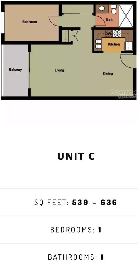 Floor Plan - 1 Bedroom, 1 Bathroom - C