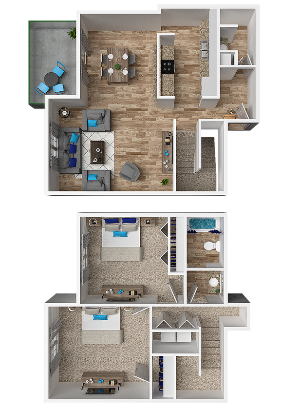 Explore the elegant design of this duplex apartment, blending style with functionality. - Two Bedroom Townhome