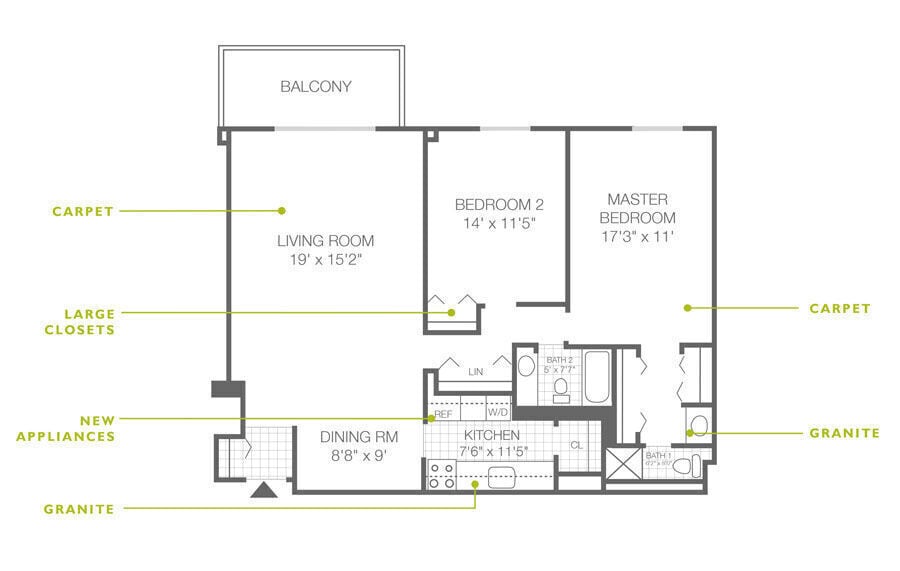 Floor Plan - 2 Bed | 1 Bath