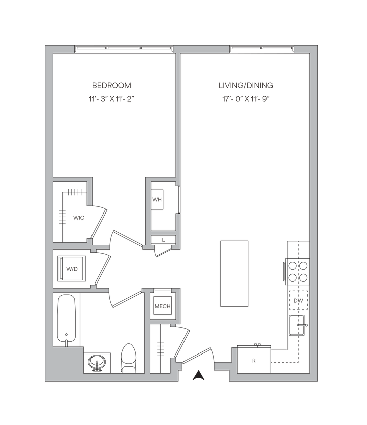 Floor Plan - A14 - 1BR 1BA (730 SF)