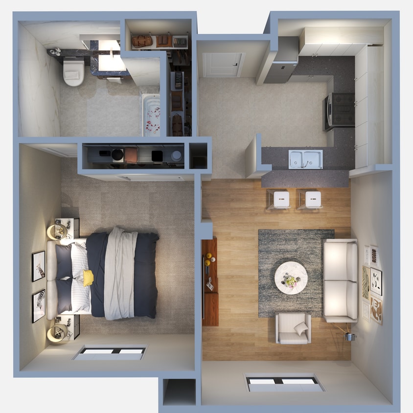 1x1 Mira Vista Villas Floorplan -View 4.jpg - One Bedroom, One Bath