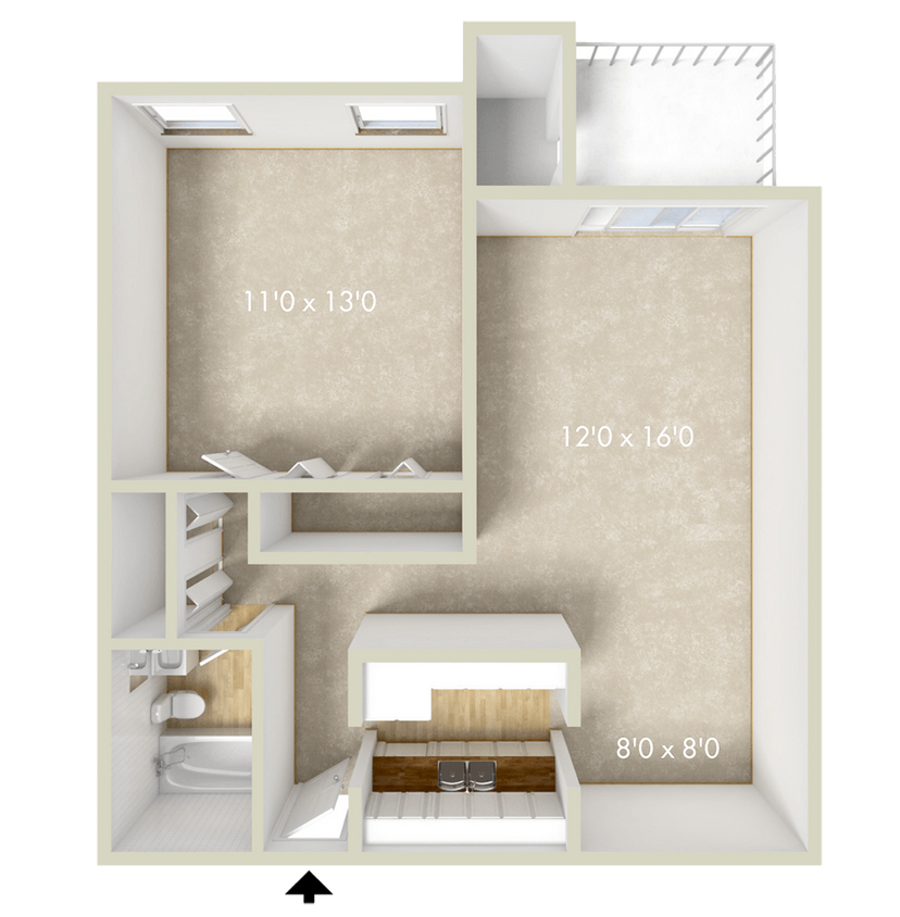 Floor Plan - 1BR 1BA 728SQFT 80% 