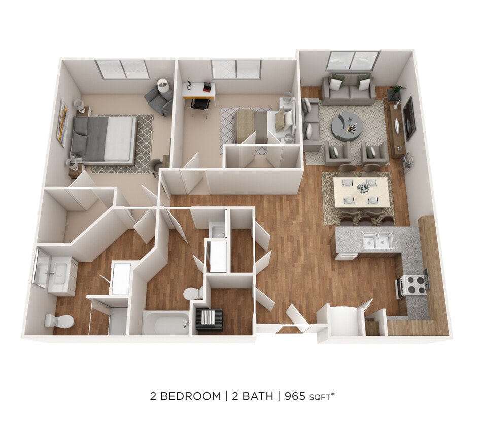 Floor Plan - Two Bedroom 2 Bath- 965 sqft