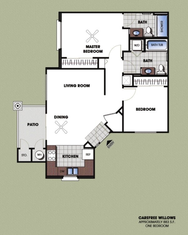 2BR, 2BA w/Private Patio - 883 SF - Two Bedroom