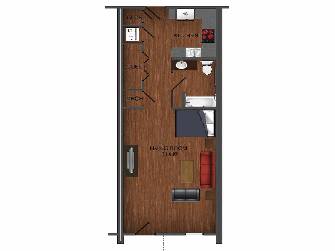 Studio apartment home floor plan at Township 28 - Studio