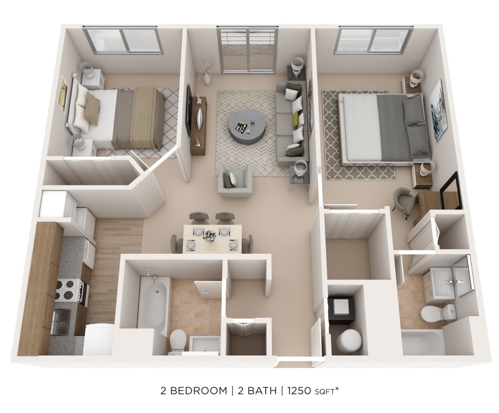 Floor Plan - Two Bedroom 2 Bath - 1,250 sqft