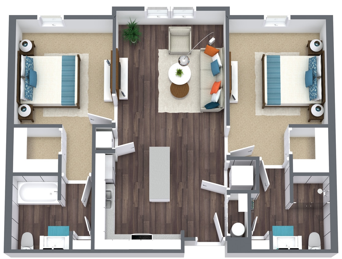 Haley Park - B1 Unit - Level 1 - 3D Floor Plan.png - Two Bedroom-Two Bath