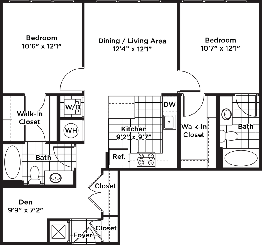 Floor Plan - 2 Bedroom 2 Bath + Den - BD1 Affordable 80%