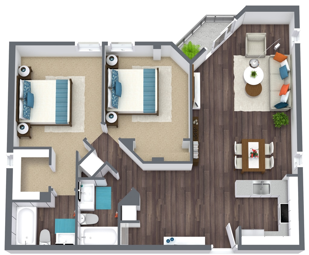 Landings at Sea Forest - 2 bedroom - Level 1 - 3D Floor Plan.png - Two Bed\Two Bath