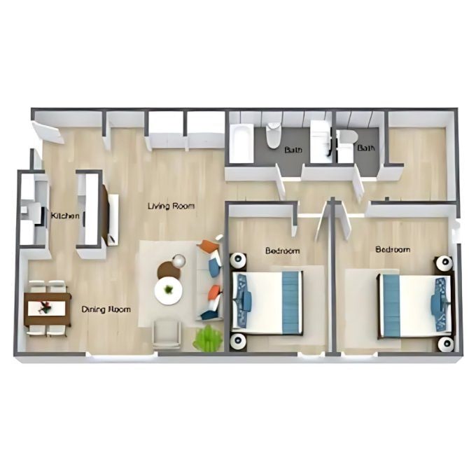 Floor Plan - Two Bedroom, One And A Half Bathroom | 2