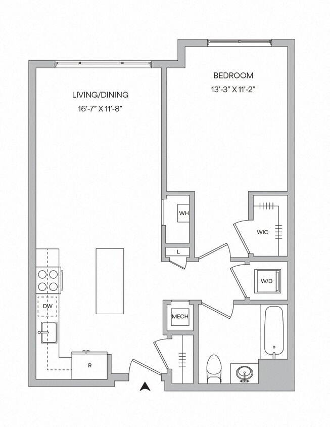 Floor Plan - A13 - 1BR 1BA (725 SF)