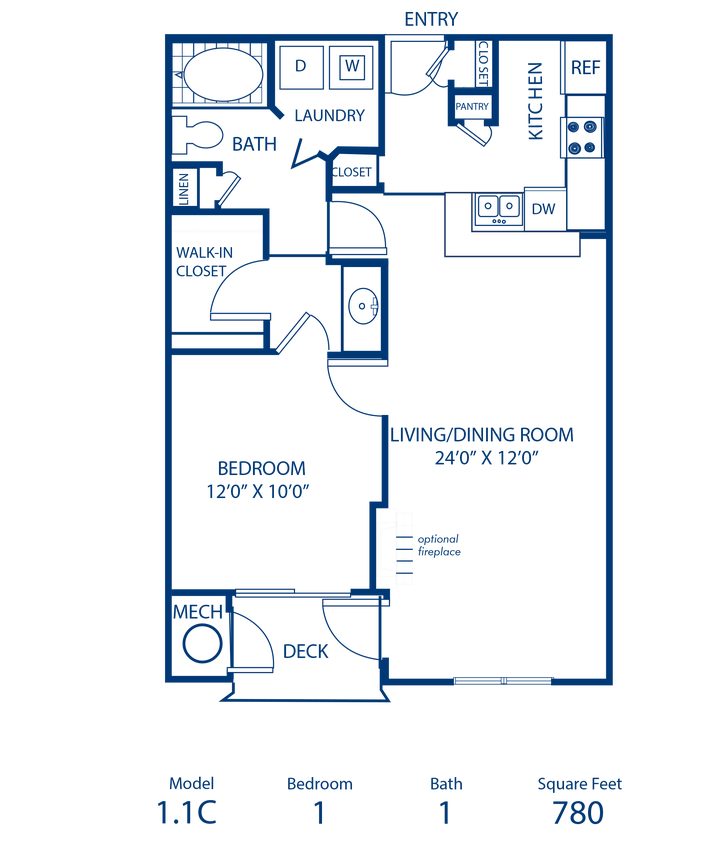 Floor Plan - 1BR 1BA 780 Sqft Income Restricted