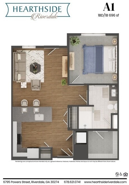 1 bed 1 bath 696 sqft - A1
