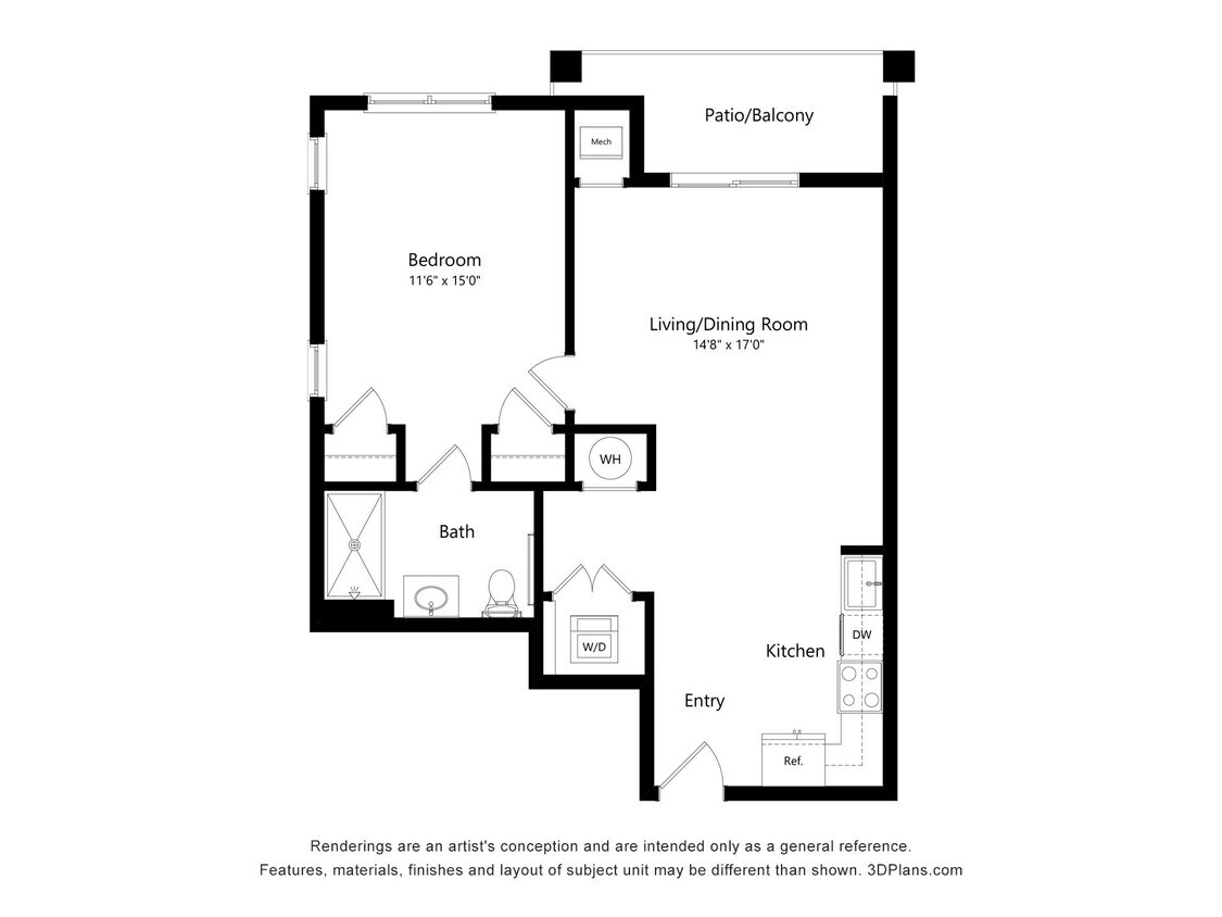 Floor Plan - D-One Bed, One Bath with Porch