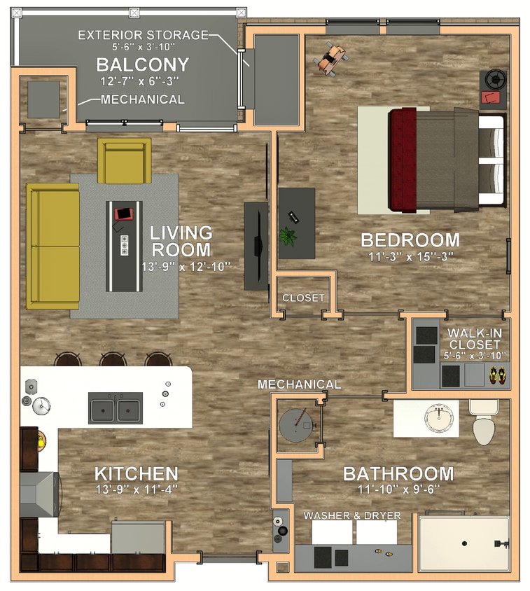 Floor Plan - 1 Bed 1 Bath