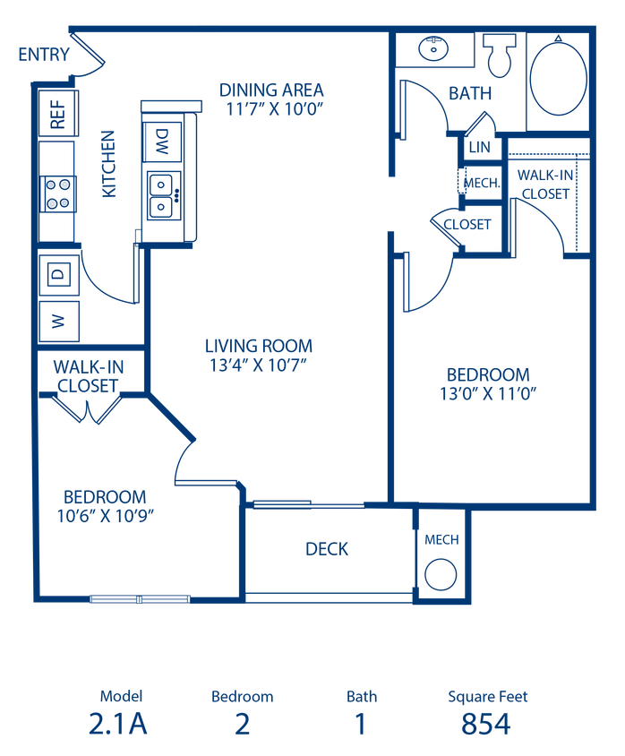 Floor Plan - 2BR 1BA 882 Sqft Income Restricted