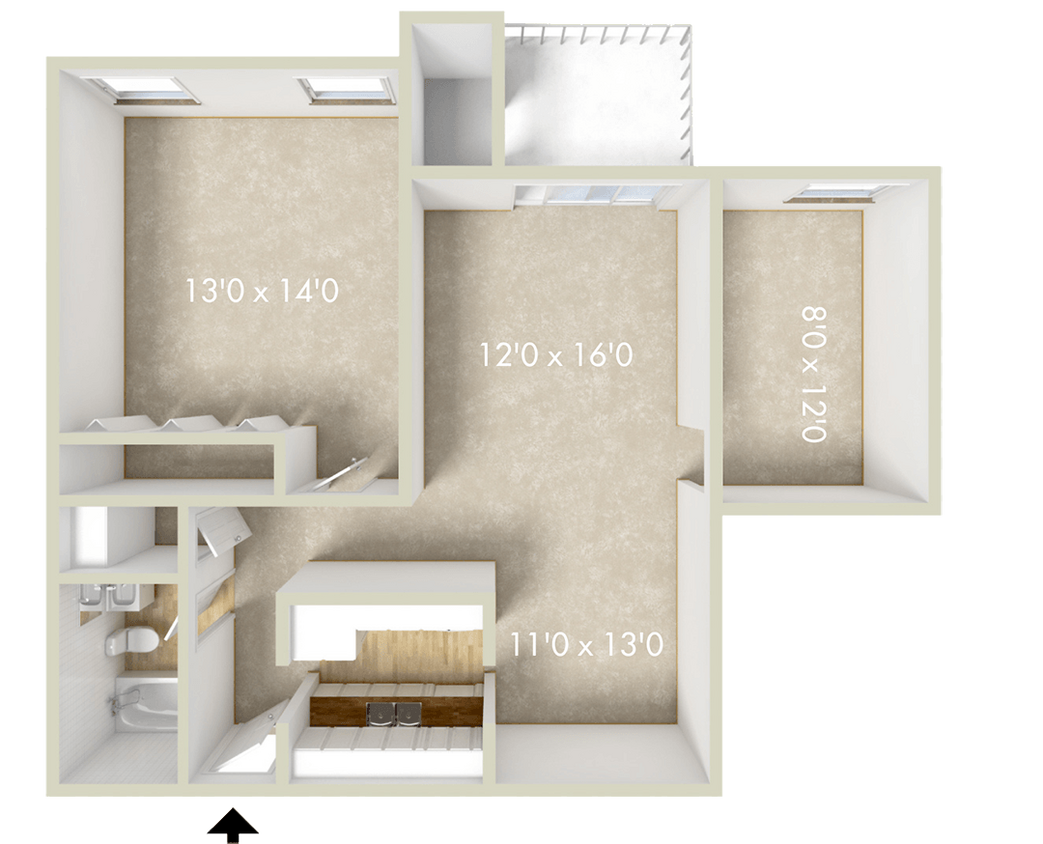 Floor Plan - 1BR 1BA +Den 816SQFT 80%