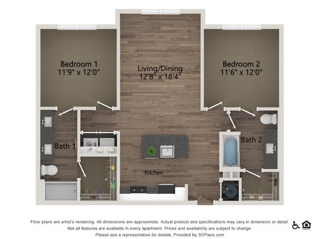 B1A | 2 bed 2 bath | 1026 sq ft - B1A
