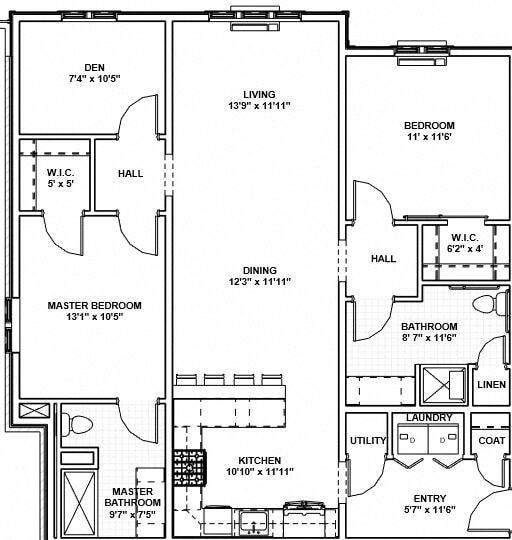 Floor Plan - 17 - 2 Bed, 2 Bath, 1 Den, ADA Ready