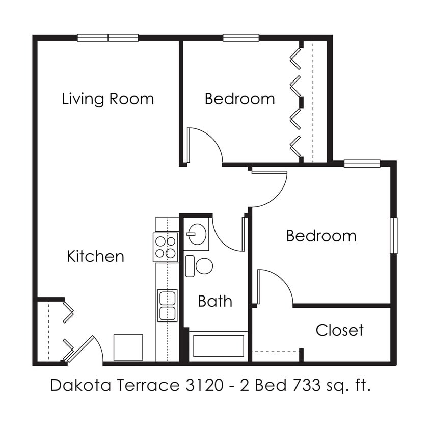 Floor Plan - 2 Bed 1 Bath | 733 sqft