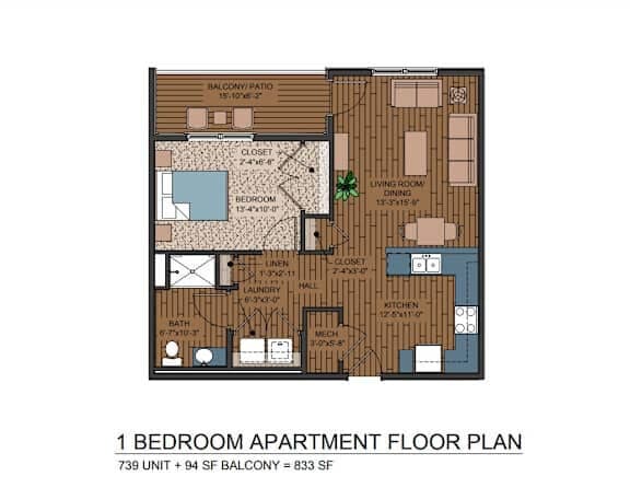 1x1, 739 SqFt - 1 Bedroom