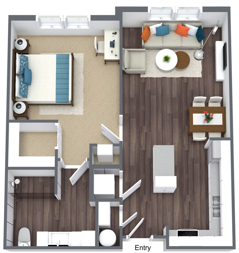 Hawthorne - A1 Unit - Level 1 - 3D Floor Plan.png - One Bedroom - One Bath