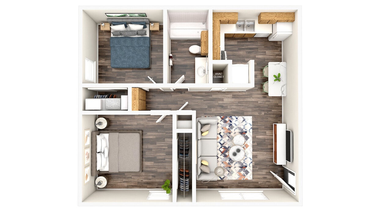 2Bed 3D Floor Plan - Two Bedroom