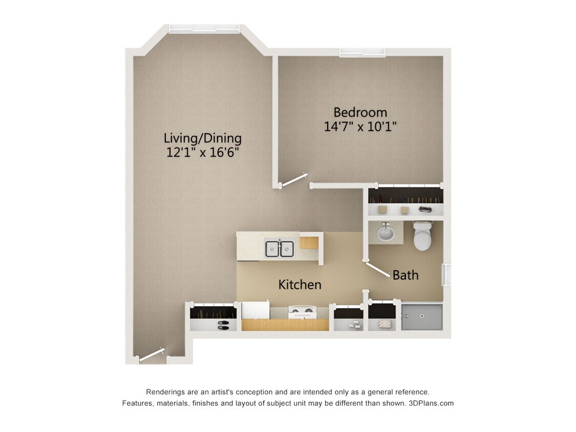 Floor Plan - 1 Bed 1 Bath (D)