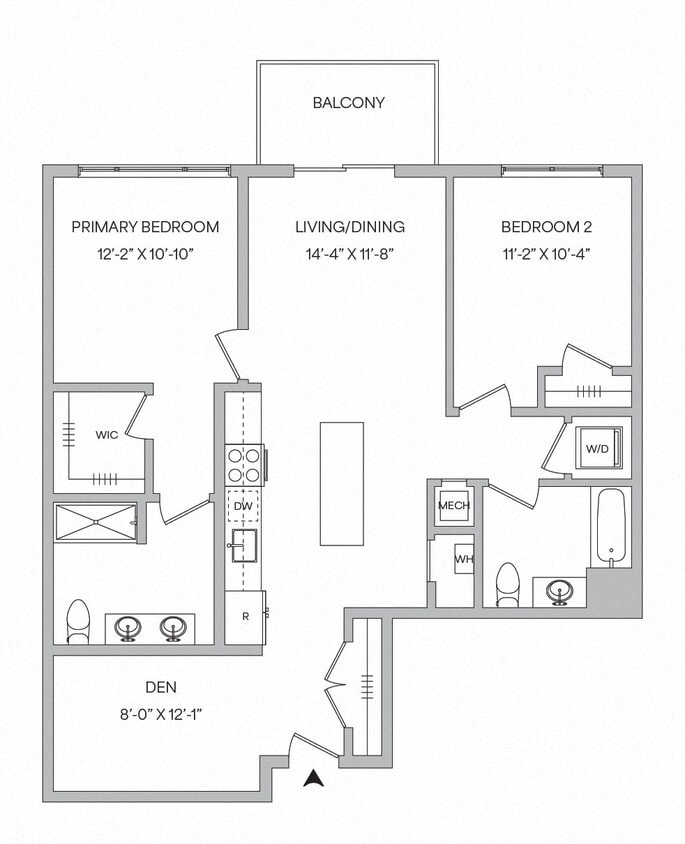Floor Plan - B13 - 2BR 2BA (1123 SF) with Den