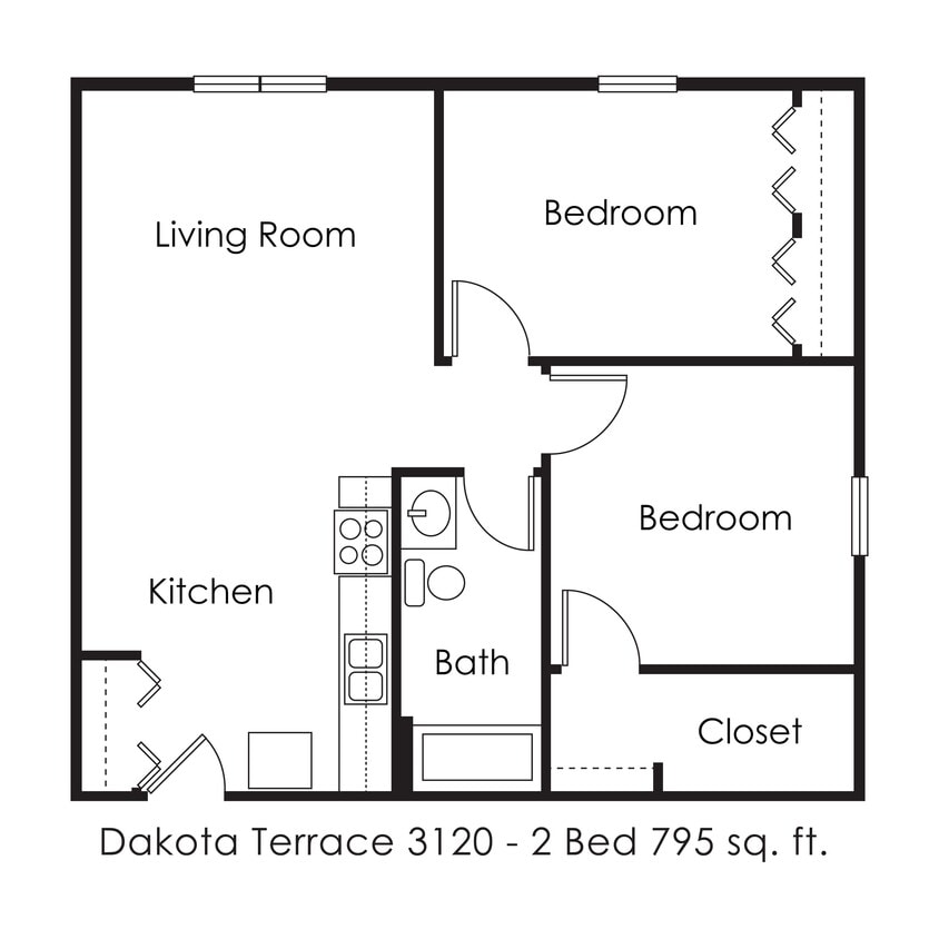 Floor Plan - 2 Bed 1 Bath | 795 sqft