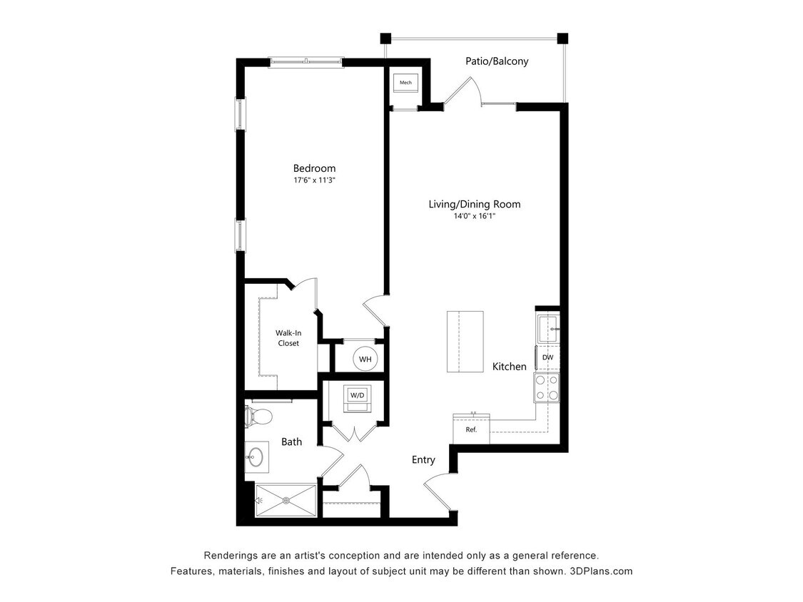 Floor Plan - A8-UF-One Bed, One Bath with Balcony