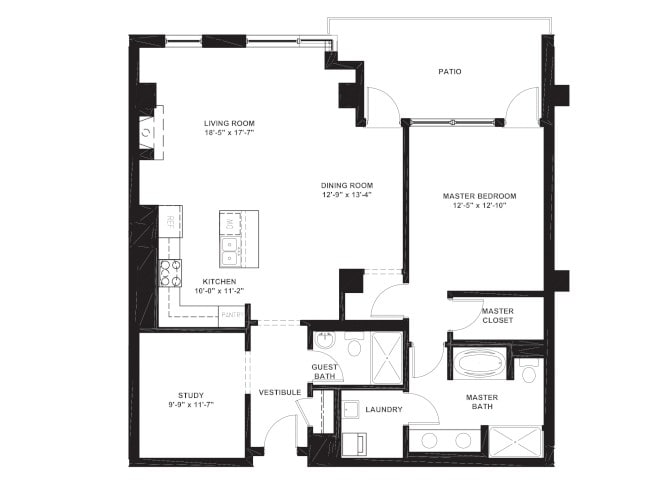Floor Plan - 1 Bed 2 Bath with Den