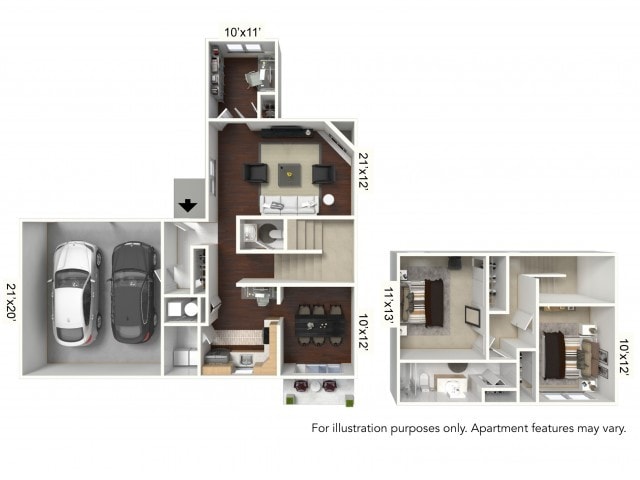 Floor Plan - 2 Bedroom Townhome with Library and 2 Car Attached