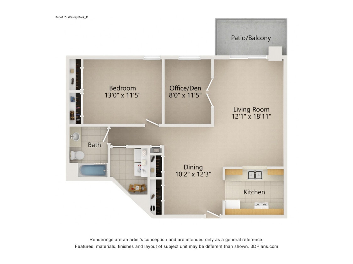Floor Plan - 1 Bed  + Den 1 Bath (F)