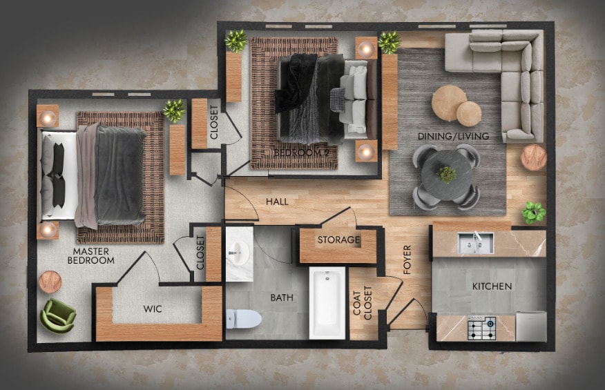 Floor Plan - 2 Bedroom 1 Bath 55+ Senior Apartment