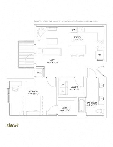 Floor Plan - 1 Bed 1 Bath Claret