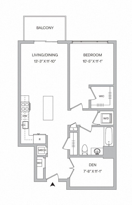 Floor Plan - A25 - 1BR 1BA + Den (848 SF)