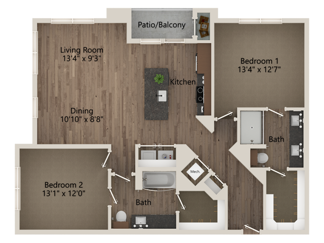 B2 2 Bedroom 2 Bathroom 1236 sq ft - B2