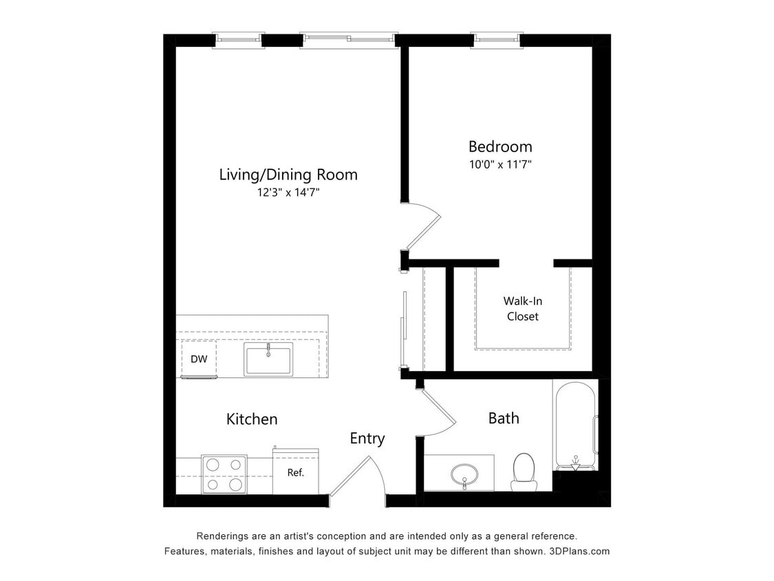 Floor Plan - 1 Bedroom, 1 Bathroom 60%