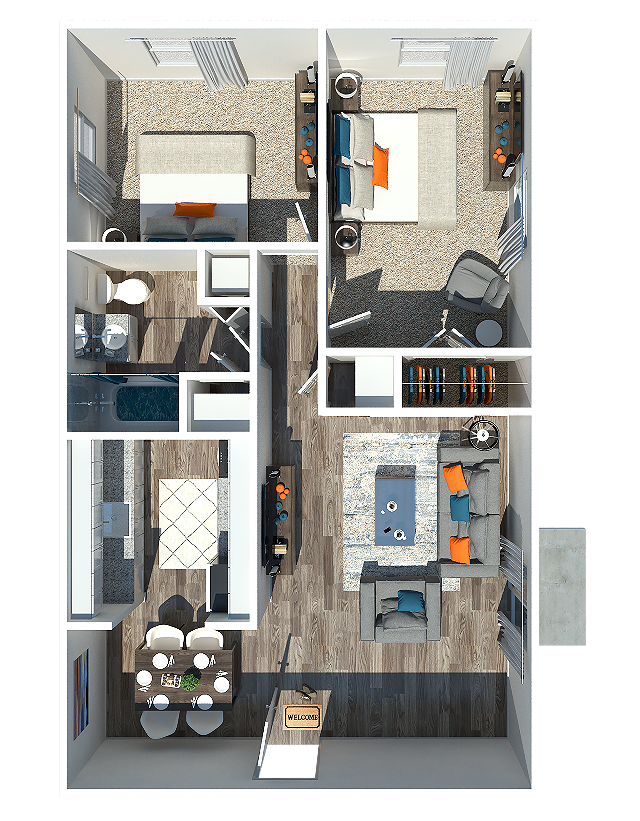 Ashton on Main Two Bedroom One Bathroom Floorplan - 2 Bedroom